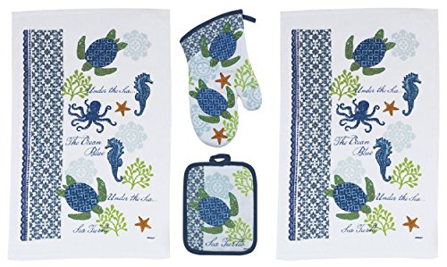 4 Piece Sea Turtle Kitchen Set - 2 Terry Towels, Oven Mitt, Potholder