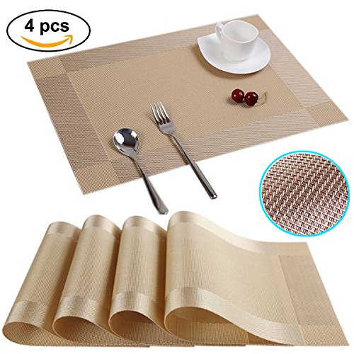 Washable Kitchen Dining Table Placemats Non-slip Woven Vinyl Restaurant Placemats Set of 4 from Ocharzy (Gold)