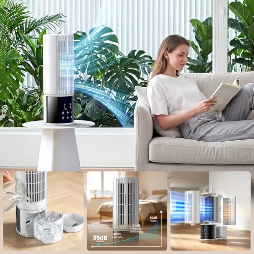 Portable Air Conditioners, Evaporative Swamp Cooler, Cooling Tower Fan with Mist Humidifier, 3 Speeds, Oscillating, Timer, Remote for Bedroom, Office, Dorm - Portable AC Standing Fan (Glacier White)