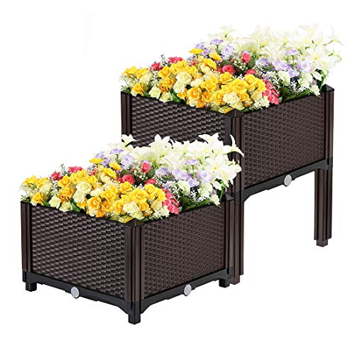 VIVOHOME Elevated Plastic Raised Garden Bed Planter Kit for Flower Vegetable Grow Brown Set of 2 (Renewed)