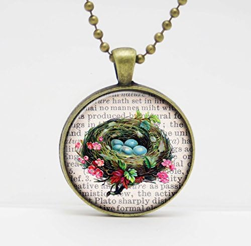 Bird Nest with Eggs on a Dictionary Page Background Art Glass Pendant or Key Chain - 30 mm round- Chain Included- Made to Order
