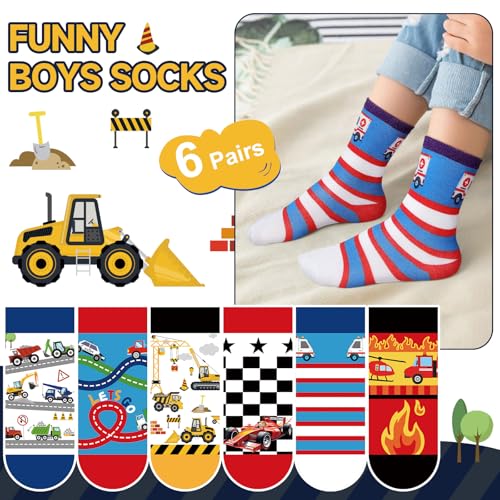 Queenshin 6 Pares Calcetines Niño Infantiles Camión de Obras Bomberos Coche de Carreras Colorido Calcetín Crew Suave Regalos 3-14 años Tamaño 25-38
