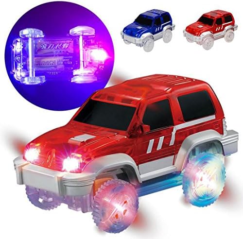 Race Track Cars LED Light-up Battery Operated Vehicle Toy for Kids Birthday and Christmas Gift Age 3, 4, 5, Compatible with Most Flexible Tracks, Glow in the Dark Flexible Track (Pack of 2)