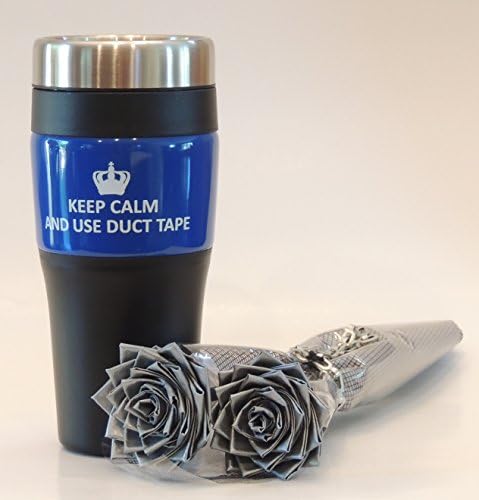 Blue Travel Mug and 2 Premium Silver Duct Tape Flower Gift Set. Unique Gift Set for HIM / HER!