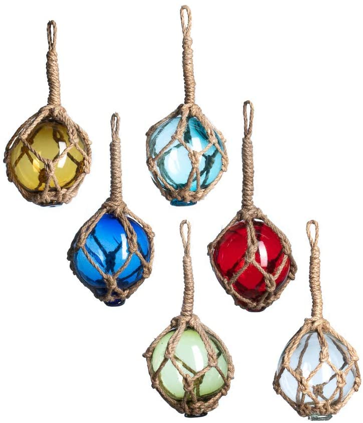 Japanese Glass Fishing Floats Ball 3" Multicolor (6 Pack) Glass Buoys with Rope Japanese