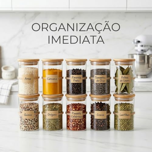 Kit 10 Potes Herméticos 250ml de Vidro com Tampa de Bambu Natural – Redondos com Vedação de Silicone, Organizadores para Cozinha, Armazenar Temperos, Grãos, Café, Chá, Açúcar, Doces e Mantimentos
