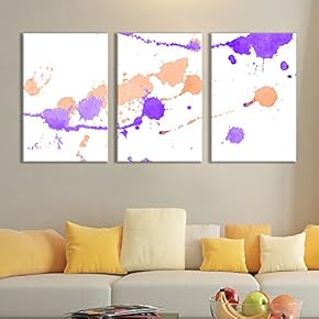 3 Panel Canvas Wall Art - Purple and Orange Paint Toss Single Splatters Watercolor Art - Giclee Print Gallery Wrap Modern Home Art Ready to Hang - 16"x24" x 3 Panels