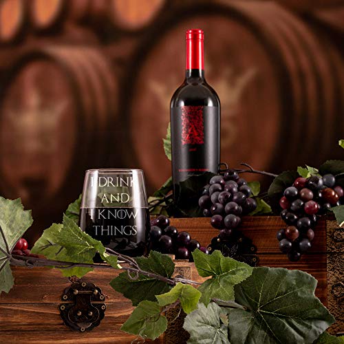 I Drink and I Know Things - Wine Glass, Stemless - 17oz - Engraved- Inspired by Game of Thrones- Drinkware - Novelty gift glasses for Men and Women - Made in USA. Includes free Wine Food Pairing Card - Thumbnail 3
