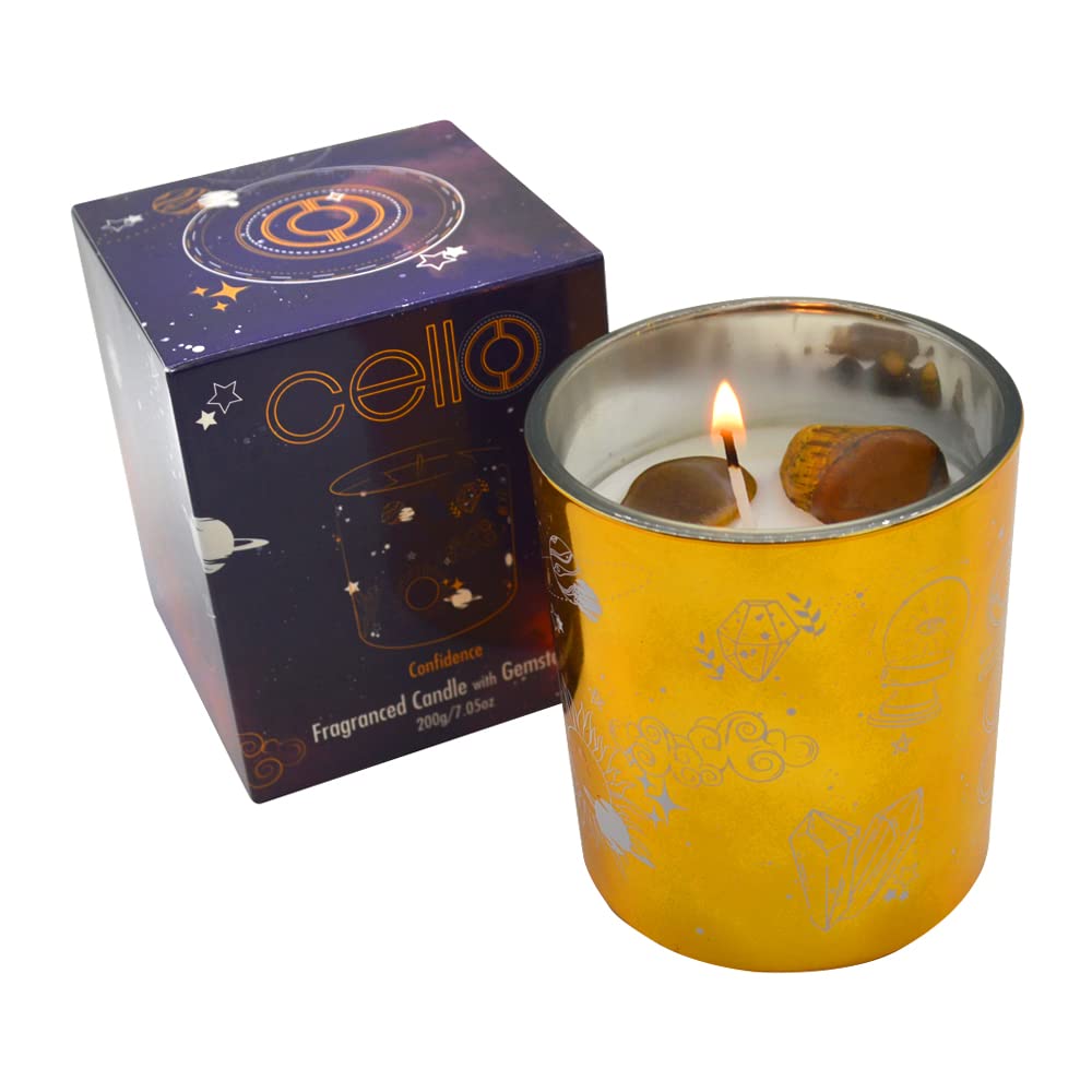 Cello Celestial Scented Candle with Tigers Eye Gemstones | A Stunning Metallic Gold Candle with Brown Crystals | The Ideal Scented Gift for Women or Men