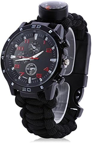 VINLAN 6 in 1 Survival Watch Bracelet with Compass Whistle Thermometer Fire Starter Ccraper Paracord (Black)