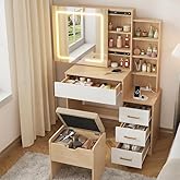 Makeup Vanity Desk with Sliding Mirror and Lights, Modern Vanity Table with 4 Drawers and 7 Storage Shelves, Dressing Table w