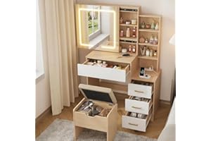 Makeup Vanity Desk with Sliding Mirror and Lights, Modern Vanity Table with 4 Drawers and 7 Storage Shelves, Dressing Table w