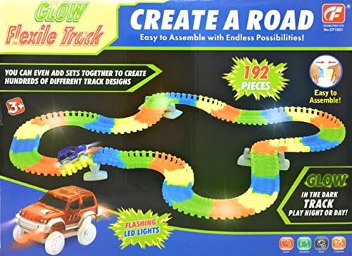 192 Piece Bendable, Magic Race Cars Track Set with 2 Battery Operated Cars with Flashing Headlights &amp; Glow in the Dark Track Pieces