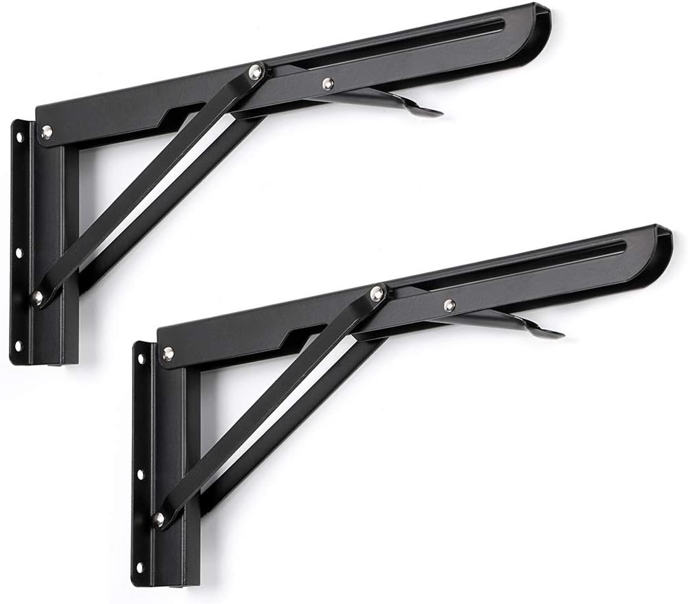 Sumnacon Sturdy Folding Shelf Brackets - Heavy Duty White Metal Triangle Table Bench Folding Shelf Bracket 12 Inch, 2 Pcs Folding Shelf Hinge Wall Mounted, Max Load 132lb(Black): Home Improvement
