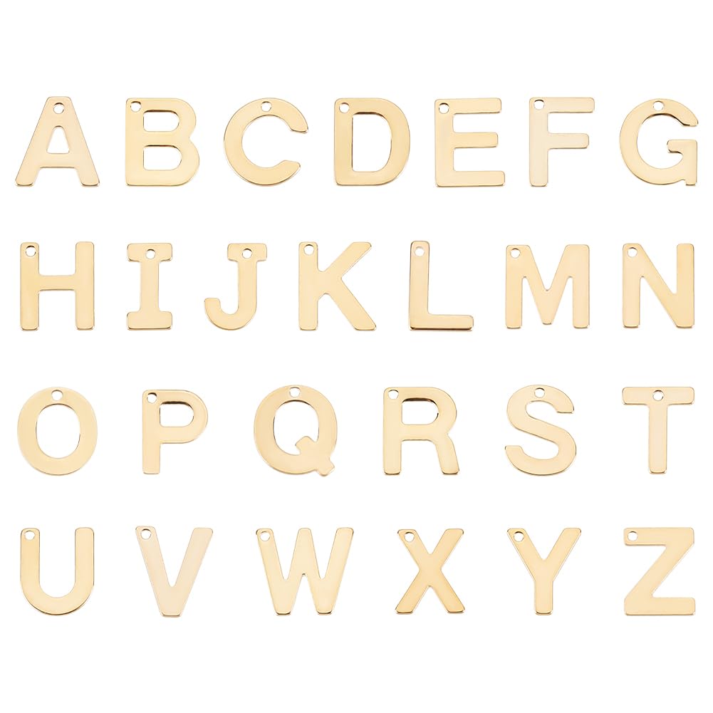 PH PandaHall 52pcs Gold Alphabet Charms, Letter A-Z Pendent Stainless Steel Letter Charms Name Beads Metal Alphabet Charm for Bracelet Necklace Earrings Jewelry Crafting Making