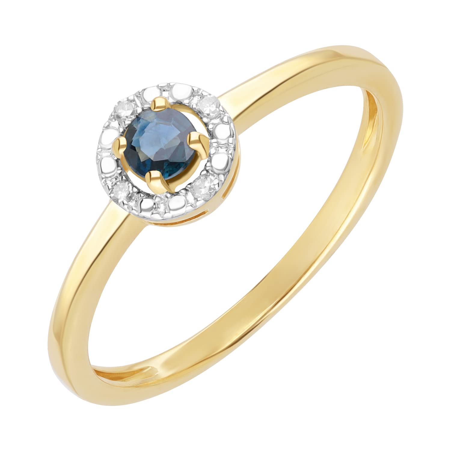 Ivy Gems 9ct Yellow Gold Round Cut Midnight Blue Sapphire & Diamond Solitaire Halo Ring - Size L