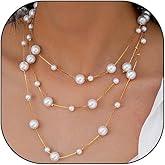 Long Pearl Necklaces for Women Aesthetic Dainty Bridal Wedding Necklaces Layered 14K Gold Pearl Choker Necklace Trendy Costume Jewelry Accessories