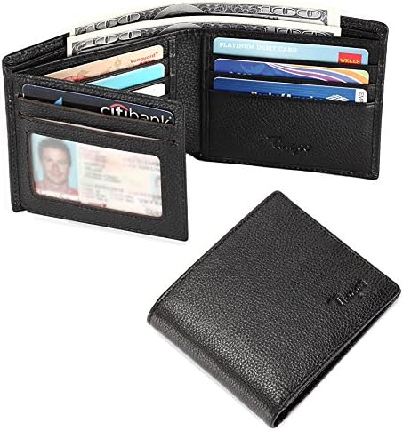 Mens RFID Wallet Slim Trifold Genuine Leather Front Pocket Wallet Bifold Credit Card Holder 2 ID Windows