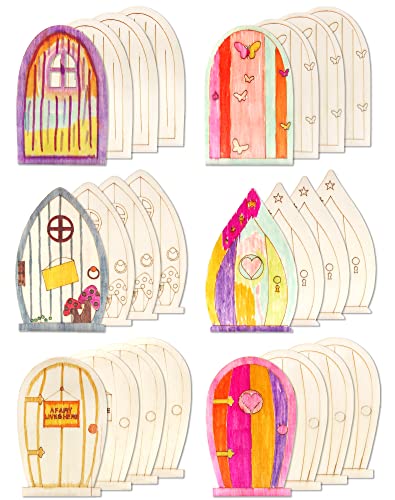 Cinvo Wooden Fairy Door 24 Pcs Craft Unfinished Miniature Door Blank Wood Door Elf Door Mini Fairy House Unpainted Doors for DIY Fairy Garden Home Decor Christmas Holiday (Styles B)