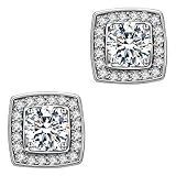 Stud Earrings,Jewelry 18k White Gold Plated Cubic Zirconium Cushion Shape Halo Stud Earrings for Women&Girls Stud Earrings Hypoallergenic White Gold Stud Earrings Cubic Zirconia Earrings