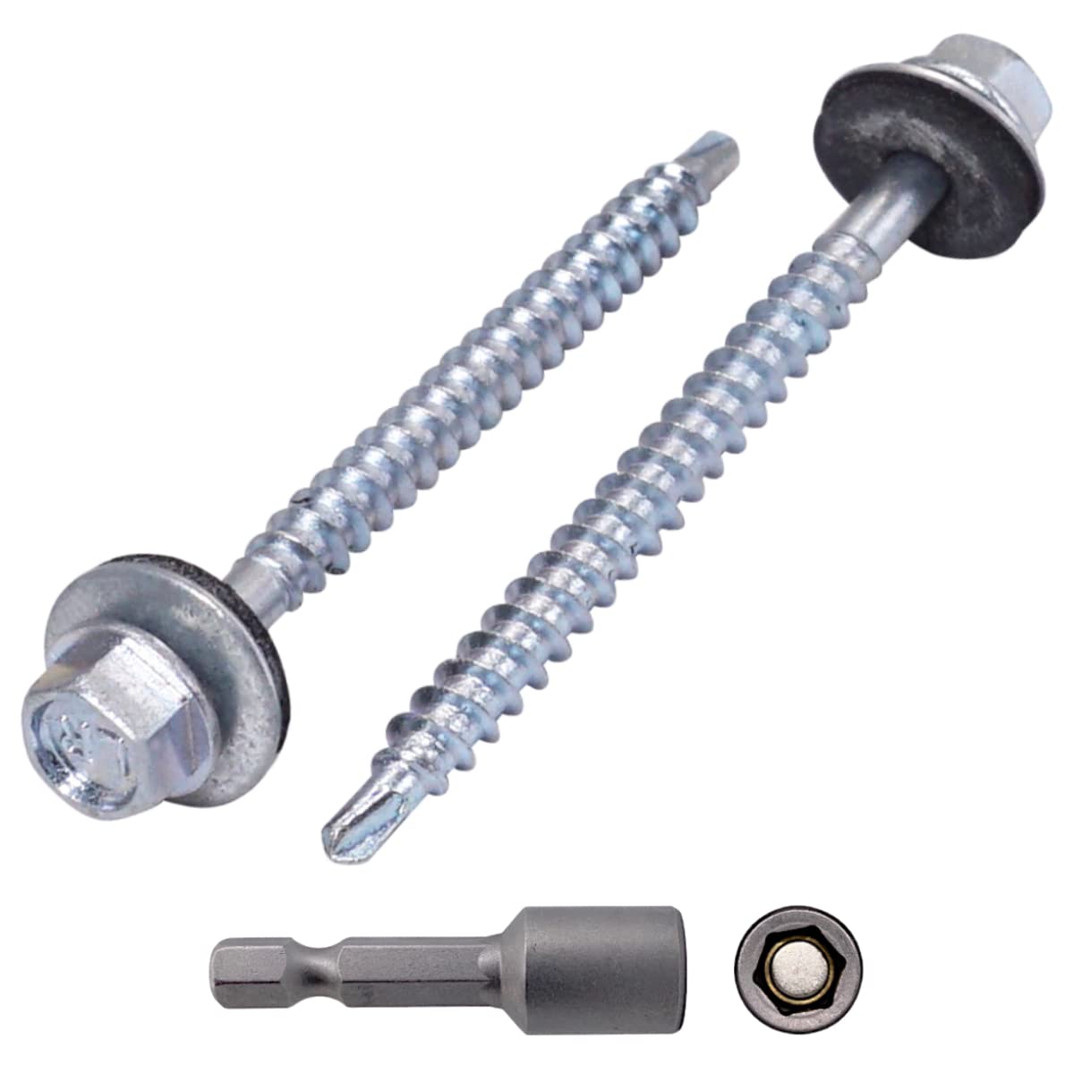 Marcopol (Pack of 30 pcs) DIN 7504-K Zinc Plated Steel 4.8 x 60 mm Self-Drilling Screws With EPDM Washers, Hex Washer Head, Sheet Metal Screw, Self Tapping (30, 4.8 x 60 mm), Silver