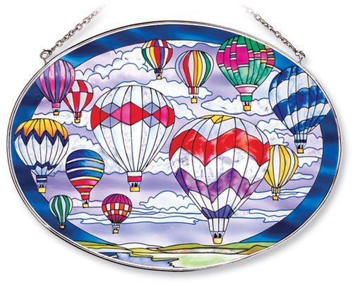 Amia Oval Suncatcher with Hot Air Balloon Design, Hand Painted Glass, 6-1/2-Inch by 9-Inch