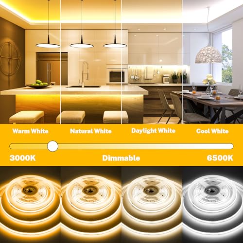 TENDIST White COB LED Strip Light WiFi Alexa Compatible, 3000k to 6500k Warm White to Cool White Dimmable Ultra Bright COB Strip, Cabinets Lighting with Remote and App for Kitchen, Bedroom (7M)