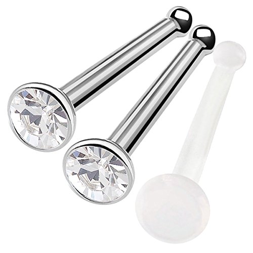 3Pcs 18g 1mm Nose Stud Bone Straight Bar Nostril Ring Surgical Stainless Steel with 2.5mm Clear Crystal And 20g Retainer