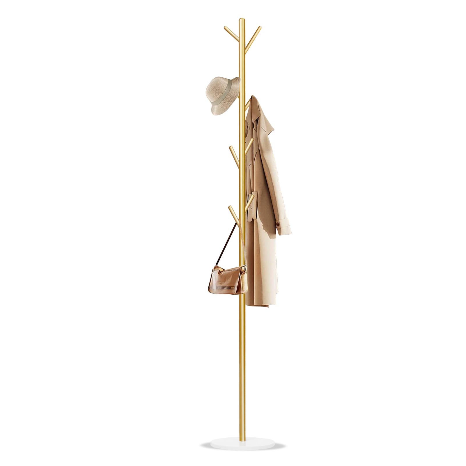 Photo 1 of Wtiujhg Coat Rack, Metal Freestanding Coat Rack with 8 Hooks, Sturdy Coat Tree with Natural Marble Base for Coats, Hats, Scarves and Handbags for Entryway, Hallway, Bedroom, Office,Dorm (Gold)