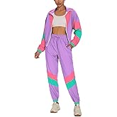 UOUA Women's Color Block 2 Piece 80s 90s Outfits Long Sleeve Windbreaker Jacket Tracksuit Set