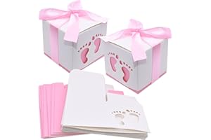 HADEEONG 50pcs Baby Shower Party Favor Boxes, Footprint Design Candy Treat Gift Boxes for Kids Birthday Baby Shower Guests Wedding Party Supplies with Ribbon,Pink