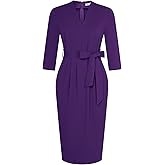 GRACE KARIN Womens Work Dresses V Neck 3/4 Sleeve Back Zipper Tie Waist Bodycon Dress Office Cocktail Dress with Pockets