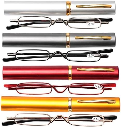 WEARKAPER 4 Pack Slim Compact Reader Reading Glasses Women Men Pocket Glasses with Pen Clip Tube Case (1.5X, Multicolor)
