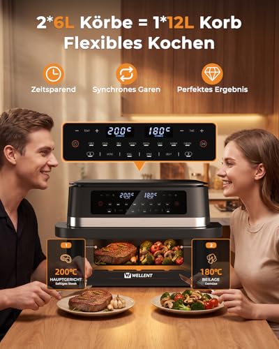WELLENT Dual Zone Hot Air Fryer 12L 2950W with Removable Divider, 8-in-1 Air Fryer with Sync & Shake Reminder Function & Viewing Window Design