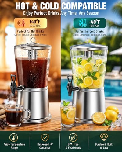 WantJoin Beverage Dispenser with Stand, 2 Gallon Drink Dispenser with Ice Core, Stainless Steel Juice Dispenser with Spigot, Clear PC Beverage Jar for Parties, Buffet, Lemonade, Juice (8 L)