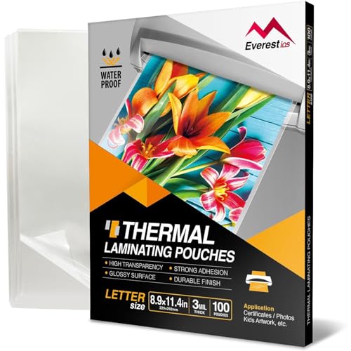 Everest Thermal Laminating Sheets, 8.9 x 11.4 Inches, 3 Mil Thick, 100 Pack Plastic Paper, Letter Size Laminating Pouches, for Education, Classroom and Office to Protect Documents, Craft