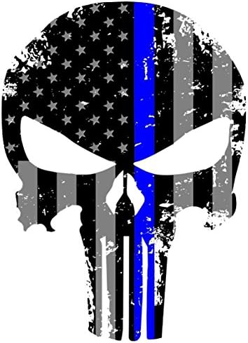 Punisher Skull 5.5 x 4 Inch Tattered Subdued Us Flag Reflective Decal With Thin Blue Line (OwnTheAvenueTM Punisher Ref B Model)
