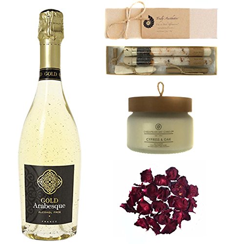 Luxury Wine Bath Set Featuring Gold Arabesque (Non-Alcoholic Sparkling White Wine with 24K Gold), Cypress & Oak Candle by Chesapeake, and Harmonize Juniper Grapefruit Bath Salts by Truly Aesthetic - Thumbnail 5