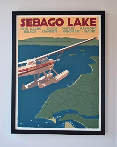 Sebago Lake Maine Seaplane Framed Print (18x24 Travel Poster, Wall Decor Art)