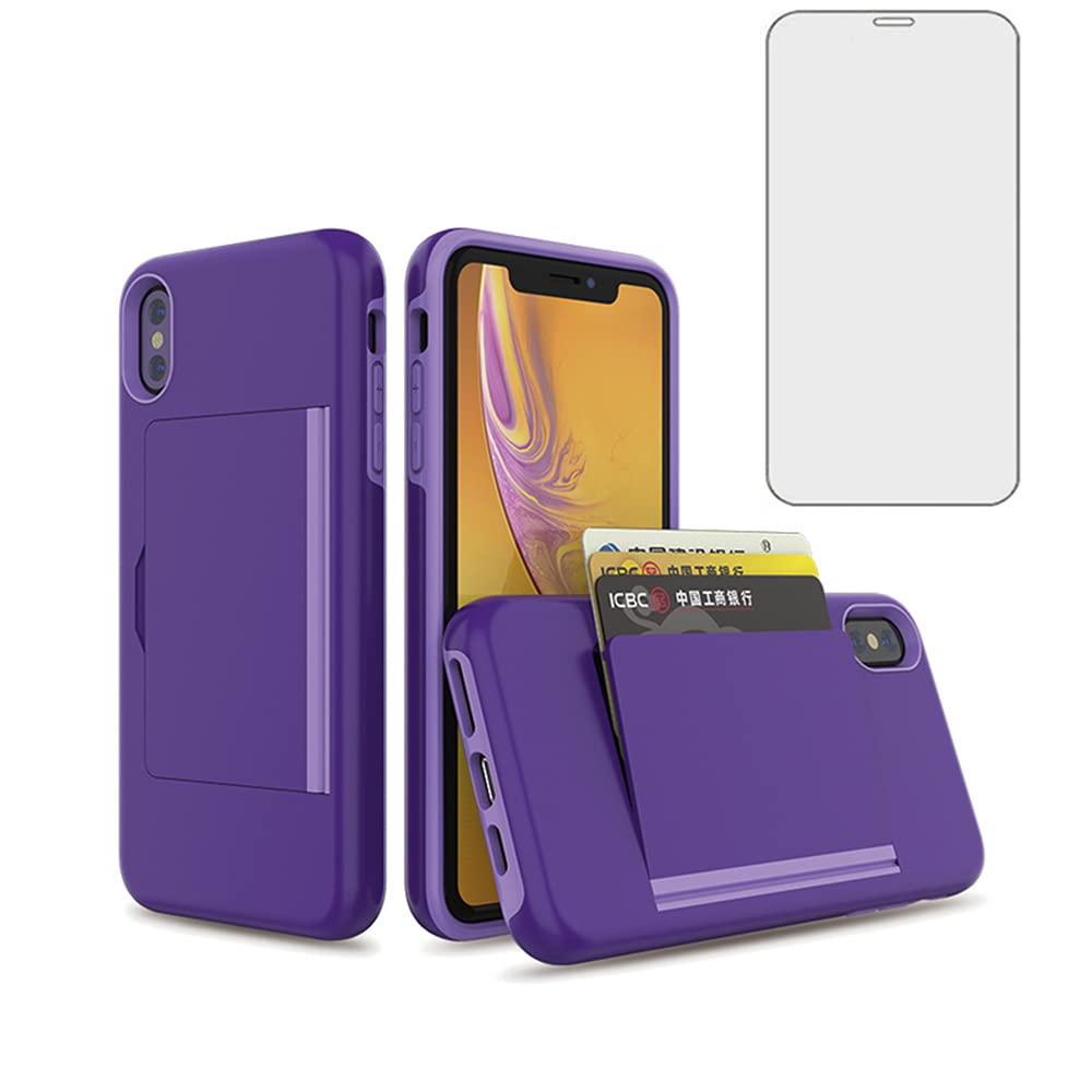 Asuwish Phone Case for iPhone Xs Max with Tempered Glass Screen Protector Cover and Credit Card Holder Stand Hybrid Cell Accessories i X XR Xsmax 10x SX Xmax 10xs 10s 10 Plus Xmaxs Women Men Purple