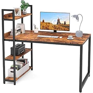 Computer Desk with Storage Shelves 47″ Home Office Desk, Study Writing Table Work Desk for Office, Computer Table with 4 Tier Shelves, Modern Simple Style, Easy Assembly Brown