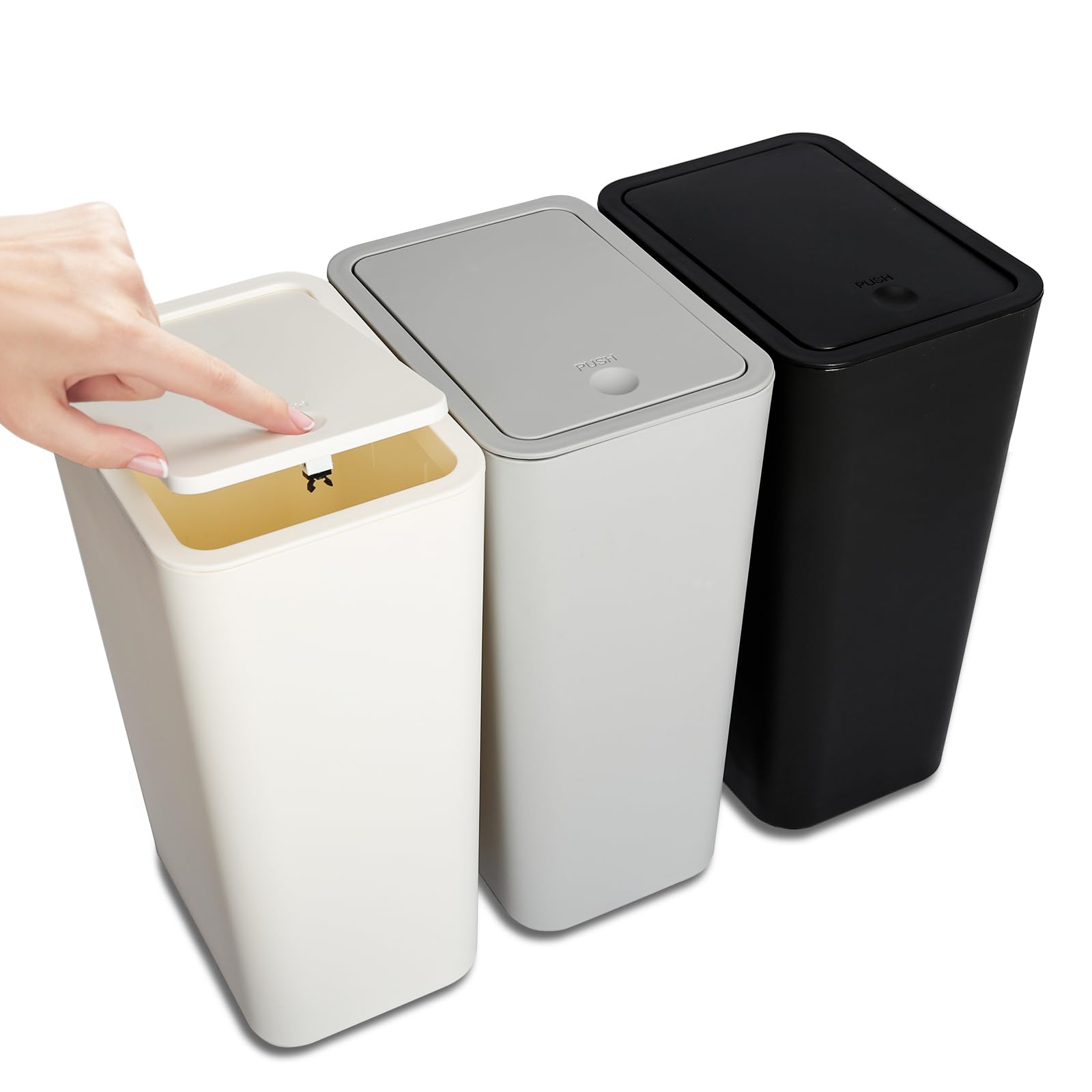 Photo 1 of N. NETDOT 3 Pack 10L / 2.6 Gallon Small Trash Can with Lid,Bathroom Garbage Can with Pop-Up Lid,Waste Basket for Bathroom,Kitchen,Bedroom,Powder Room,Office,College (Black-Grey-Off White)