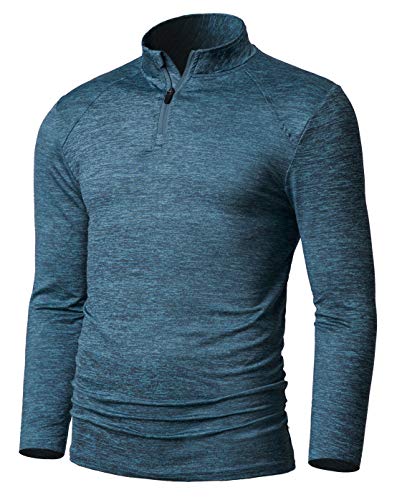 Fresca Sweat-Wicking Quick Dry Biking Shirt for Men, Long Sleeve Cycling Jersey Mock Neck Collar Classic Active Wear Workout Training T-Shirts Blue Green Large