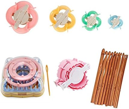 4 Round & 1 Square Knitting Looms Set Craft Kit Tool with 12 Wooden Hook Needles 1 Heart & 4 Round Pompom Makers