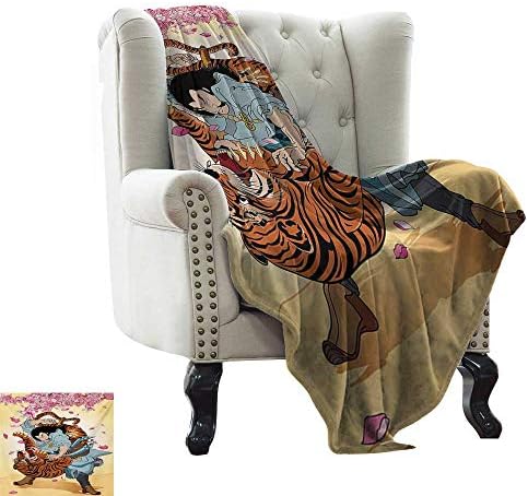 LsWOW Fur Blanket Japanese,Brave Samurai and Tiger Clash Turn into Floral Sakura Cherry Blossoms Cartoon Print,Multi Comfortable Soft Material,give You Great Sleep 35"x60"