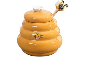 Lozjokad Ceramic Beehive Honey Pot and Wooden Dipper Honey Jar with Lid Honey Stir Bar for Honey Jar Supplies Kitchen Accesso