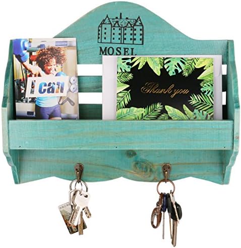 Green Wooden Mail Holder With 2 Key Hooks,Wall Decor Vintage Wall Mount Letter Key Newspaper Postcards Organizer Racks For Entryway Doorway Office,Set Of 1