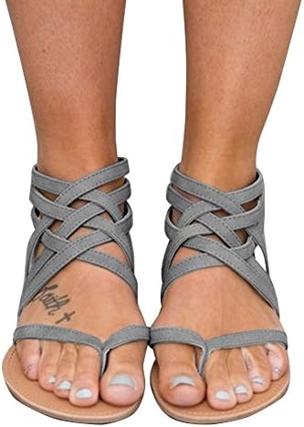 Xiakolaka Womens Cross Strap Sandals Flip Flop Ankle Buckle Gladiator Flat Shoes Grey US9.5