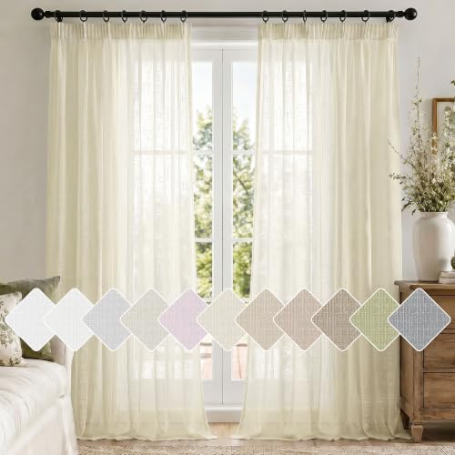 Deconovo Beige Translucent Curtains for Living Room and Bedroom, Modern Curtains 140 x 225 cm, 2 Pieces with Ruched Tape, Linen Effect Curtains, Soft Light and Elegant Finish