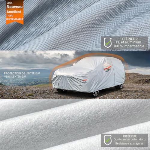 Kayme Waterproof Breathable Car Cover Outdoor Rain Sun Protection with Zip and Cotton Lining, Compatible with Golf, 308, Captur, Megane for a Hatchback 415 to 450 cm